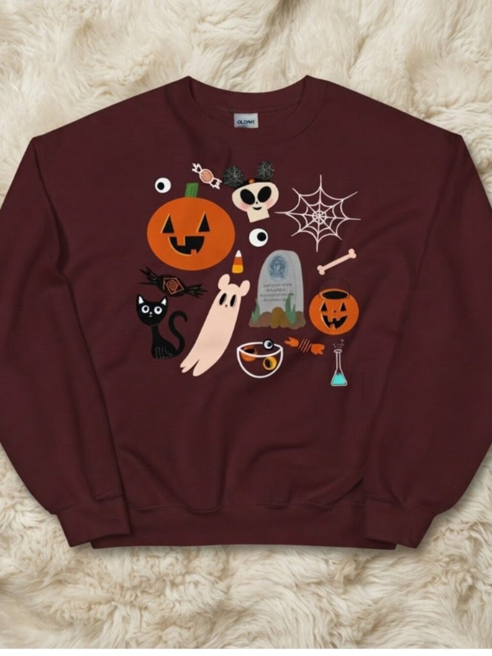 Gildan Maroon Halloween Characters Crewneck Graphic Sweatshirt